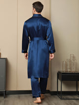 [Mørke blå] SilkSilky-NO Pure Silk Long Sleeve Lapel Morgenkåpe for Menn 002