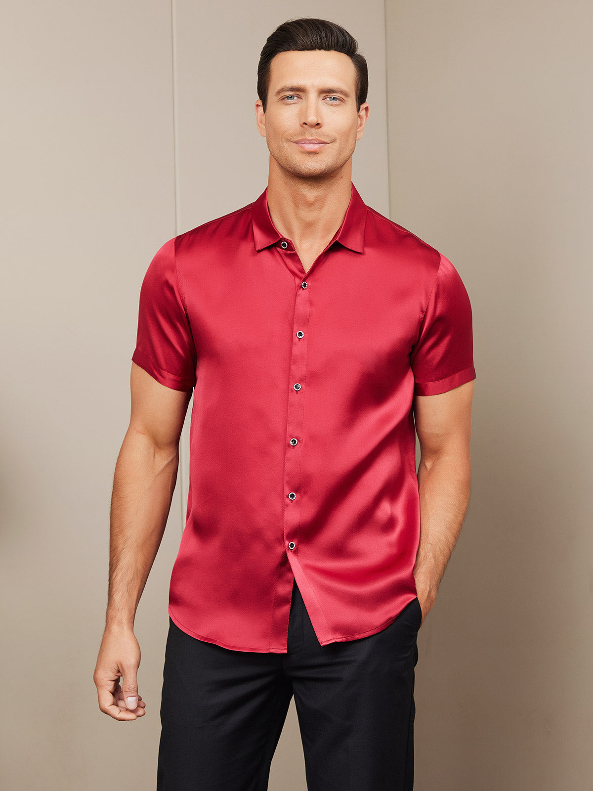 [Rød] SilkSilky-NO Silke Short Sleeve Collar Skjorte for Menn 003