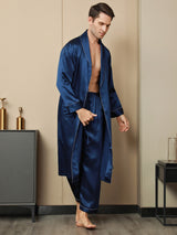 [Mørke blå] SilkSilky-NO Pure Silk Long Sleeve Lapel Morgenkåpe for Menn 009