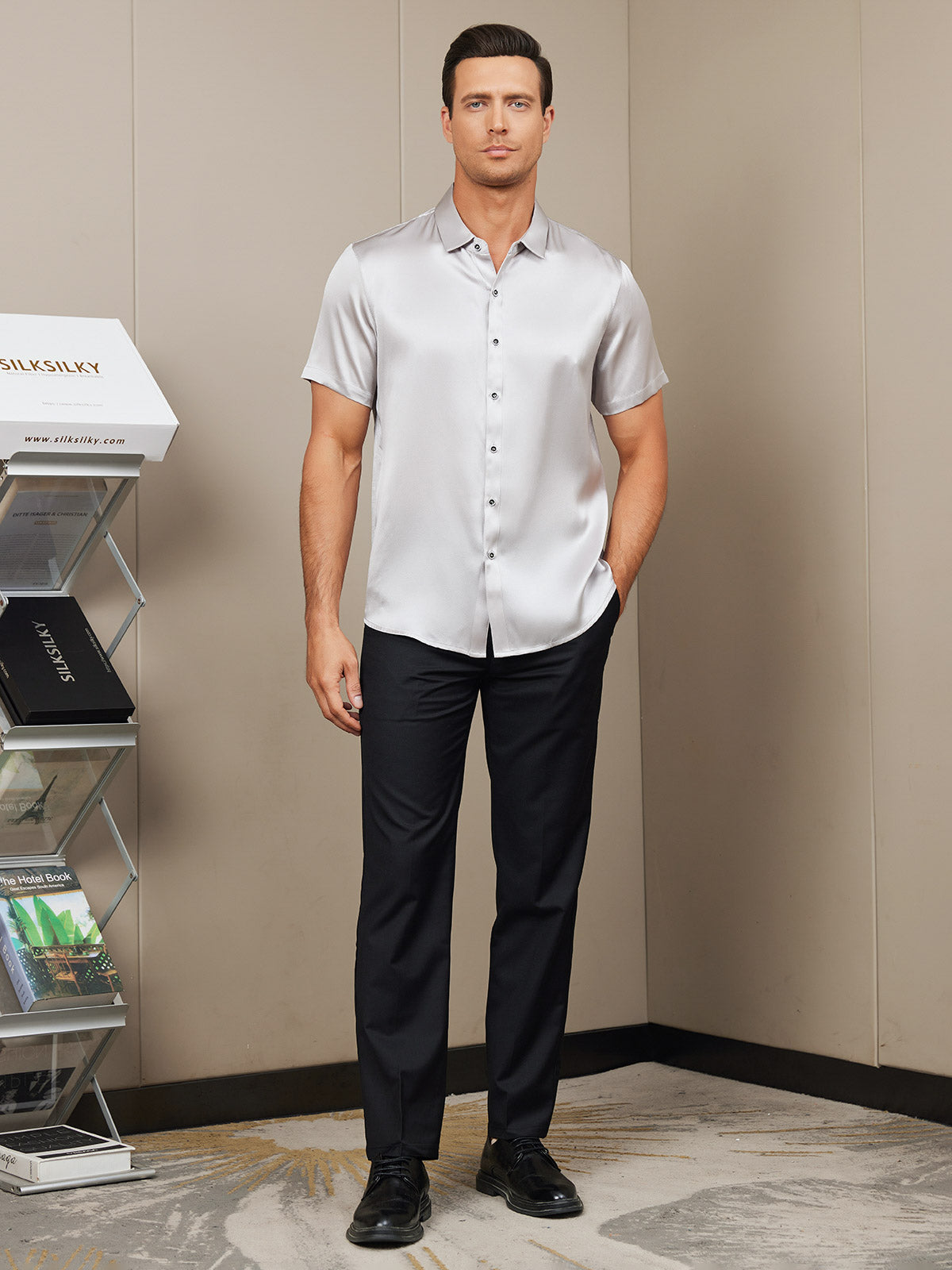 [Sølv] SilkSilky-NO Silke Short Sleeve Collar Skjorte for Menn 007