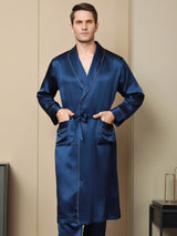 [Mørke blå] SilkSilky-NO Pure Silk Long Sleeve Lapel Morgenkåpe for Menn 001