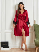 [Mørkerød] SilkSilky-NO Pure Silk 3/4 Sleeve Womens Robe 005