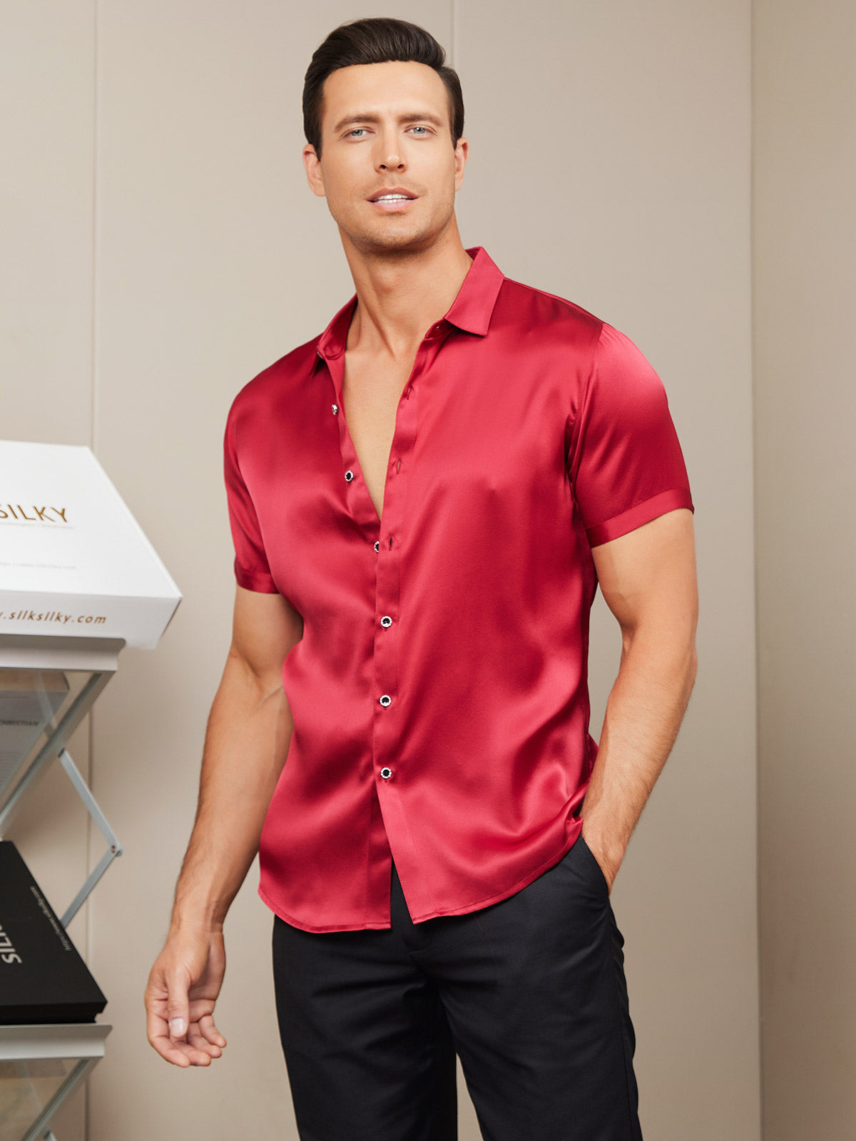 [Rød] SilkSilky-NO Silke Short Sleeve Collar Skjorte for Menn 004