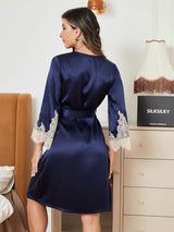 [Mørke blå] SilkSilky-NO Pure Silk 3/4 Sleeve Womens Robe 002