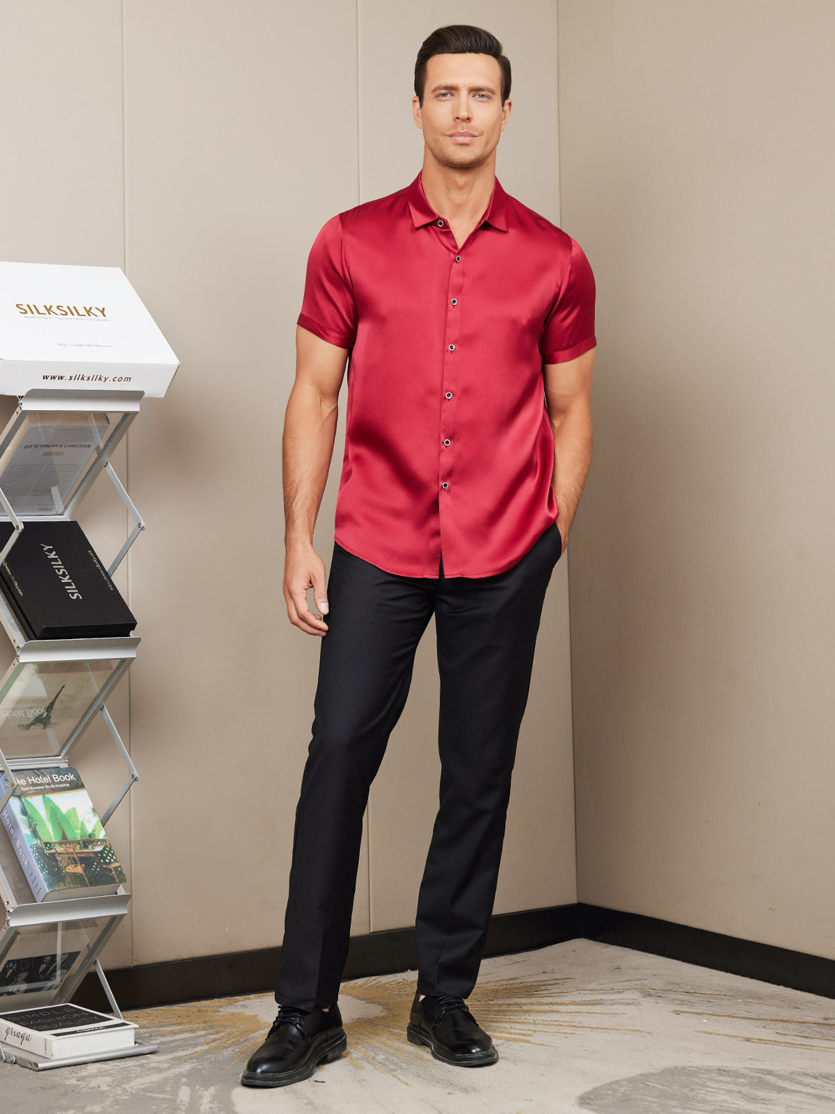 [Rød] SilkSilky-NO Silke Short Sleeve Collar Skjorte for Menn 007