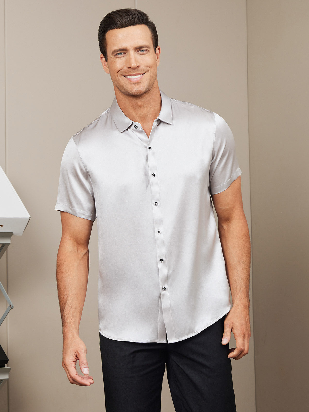 [Sølv] SilkSilky-NO Silke Short Sleeve Collar Skjorte for Menn 004