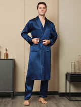 [Mørke blå] SilkSilky-NO Pure Silk Long Sleeve Lapel Morgenkåpe for Menn 004