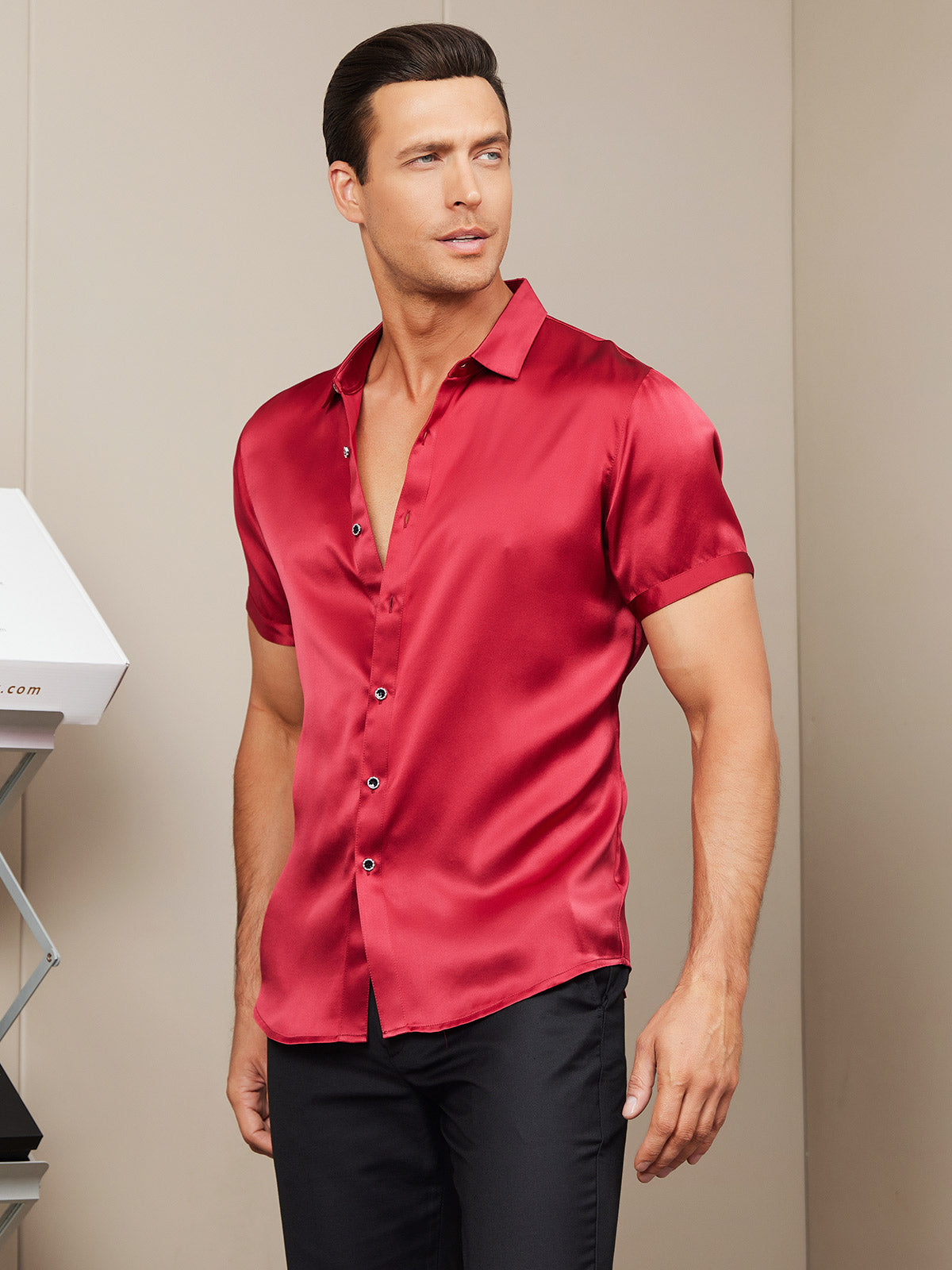 [Rød] SilkSilky-NO Silke Short Sleeve Collar Skjorte for Menn 006