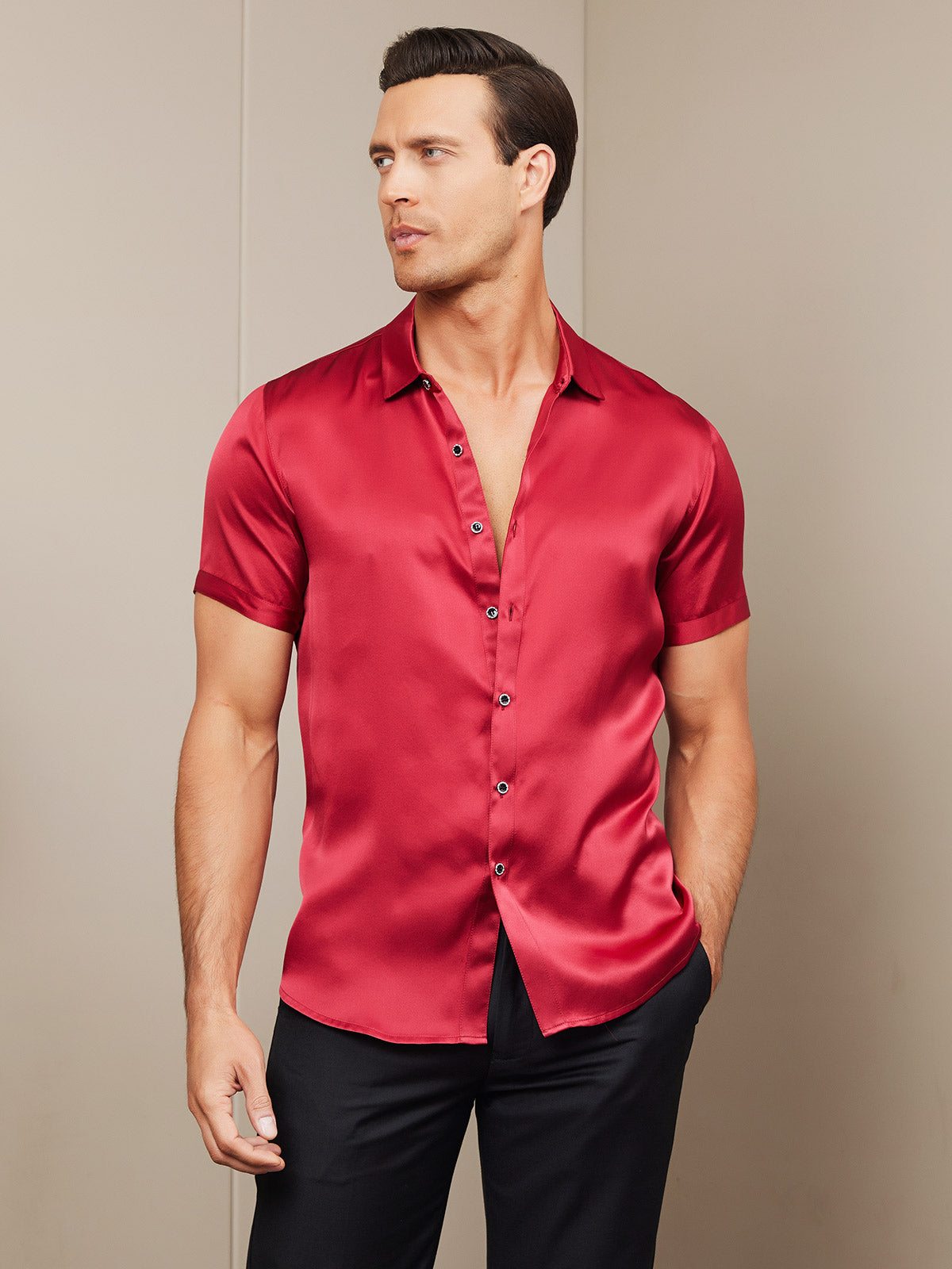 [Rød] SilkSilky-NO Silke Short Sleeve Collar Skjorte for Menn 005